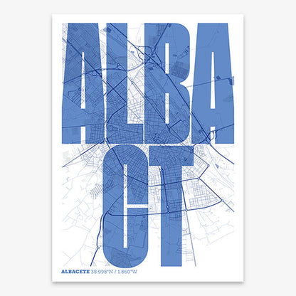 Decorative map of Albacete and letters of its name in a giclée print designed in navy blue and white