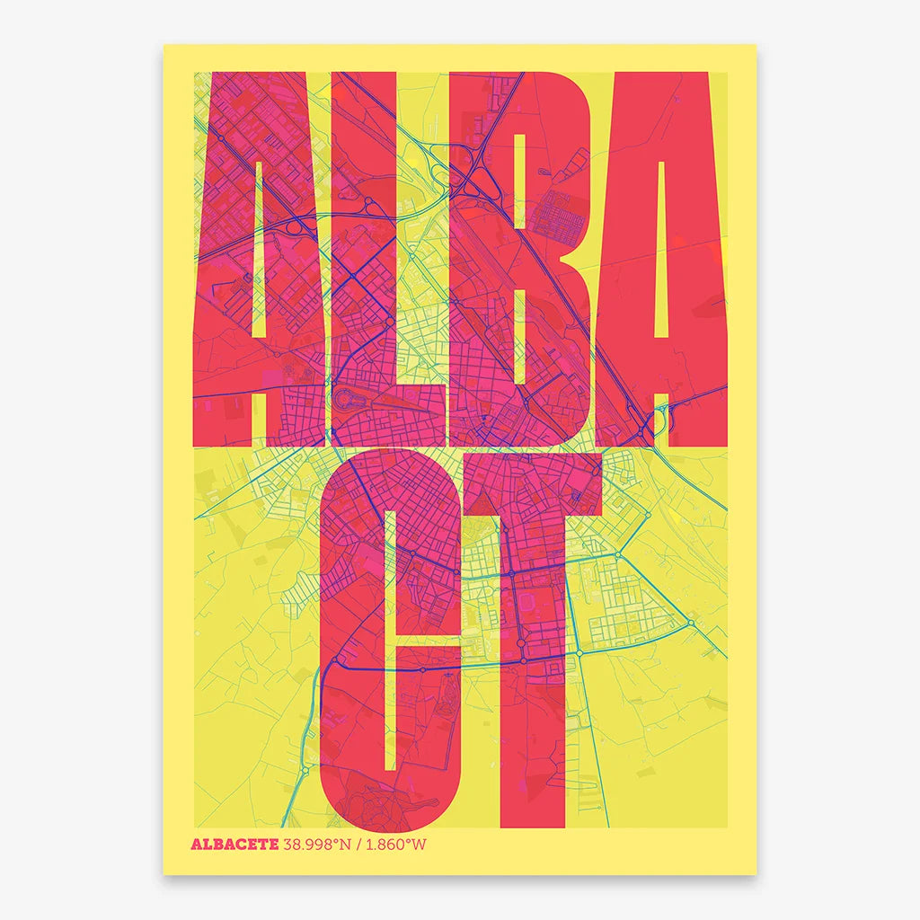 Decorative map of Albacete and letters of its name in a giclée print designed in yellow and fuchsia