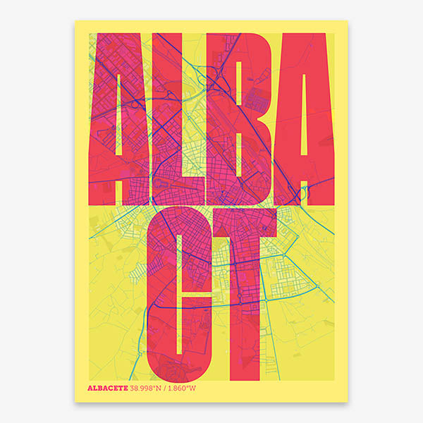 Decorative map of Albacete and letters of its name in a giclée print designed in yellow and fuchsia
