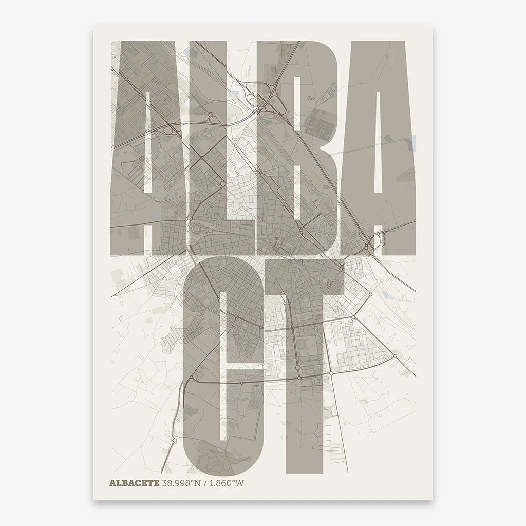 Decorative map of Albacete and letters of its name in a giclée print designed in light brown and an off-white background