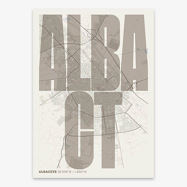 Decorative map of Albacete and letters of its name in a giclée print designed in light brown and an off-white background