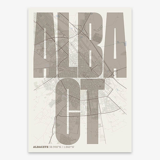 Decorative map of Albacete and letters of its name in a giclée print designed in light brown and an off-white background