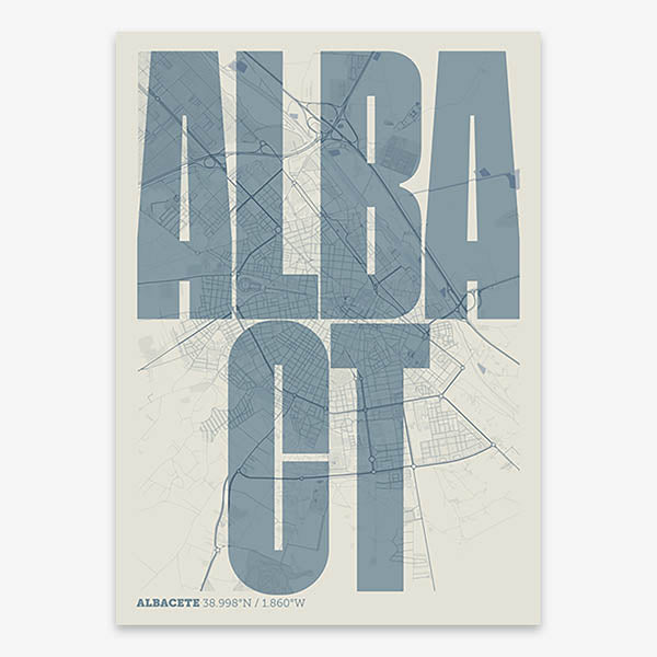 Decorative map of Albacete and letters of its name in a giclée print designed in bluish gray and an off-white background