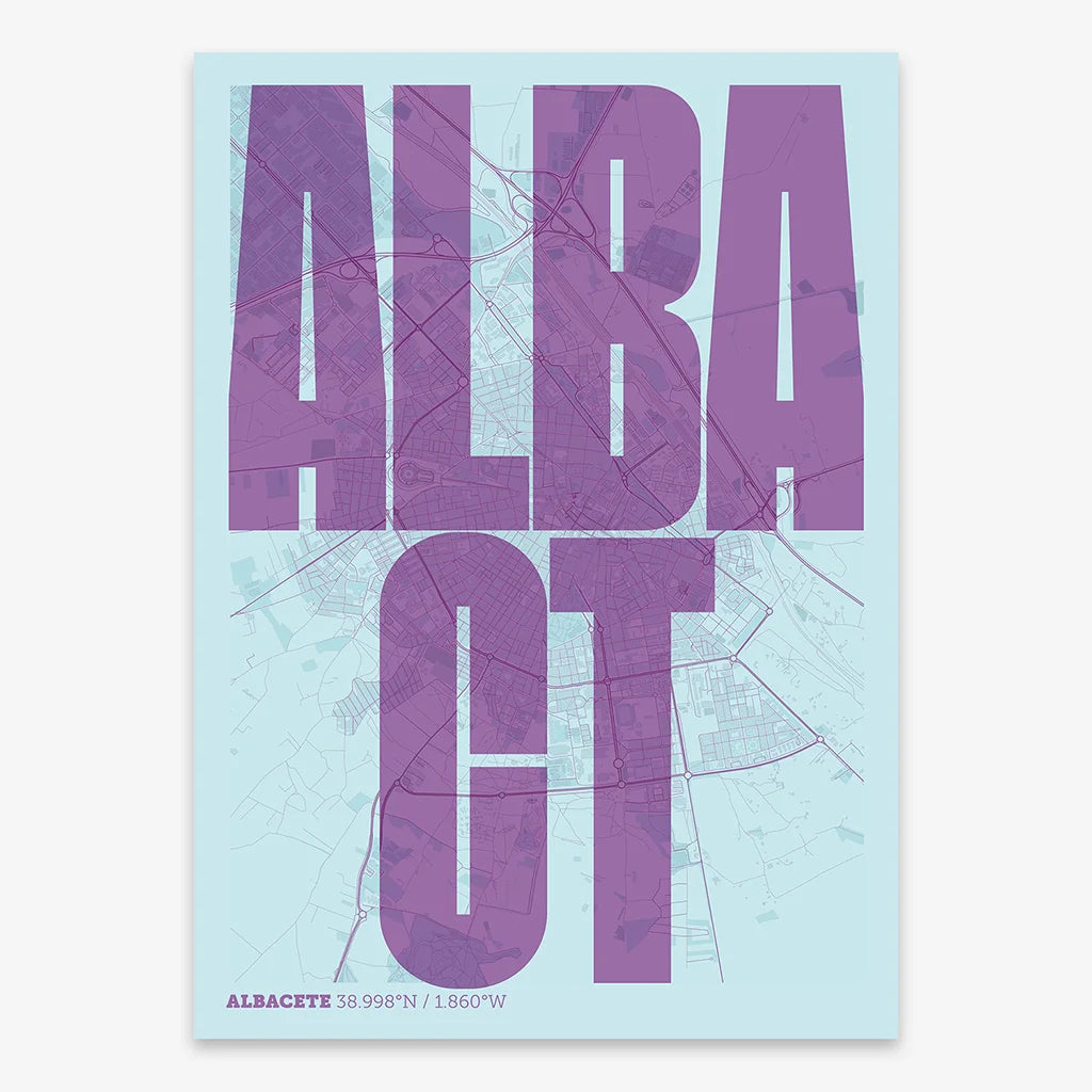 Decorative map of Albacete and letters of its name in a giclée print designed in purple and light blue