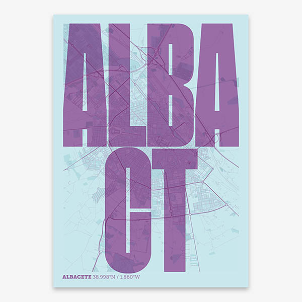 Decorative map of Albacete and letters of its name in a giclée print designed in purple and light blue