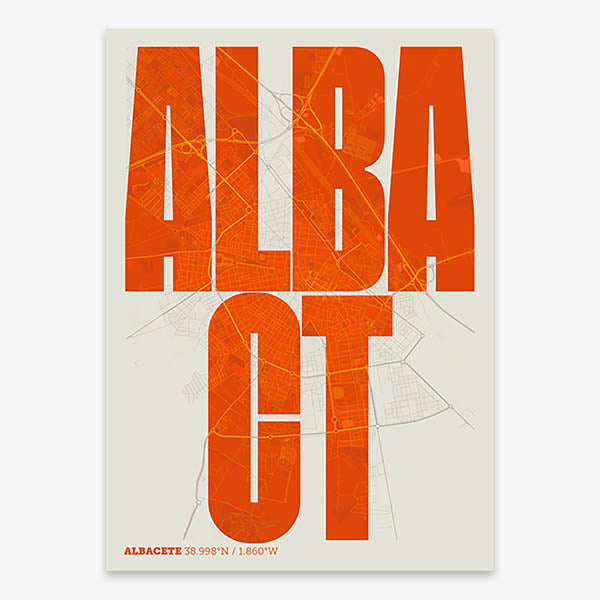 Decorative map of Albacete and letters of its name in a giclée print designed in orange and an off-white background