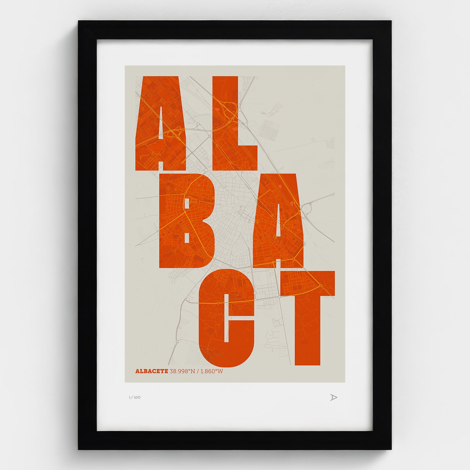 Lámina tipográfica de Albacete – diseño Revoltosa, marco negro