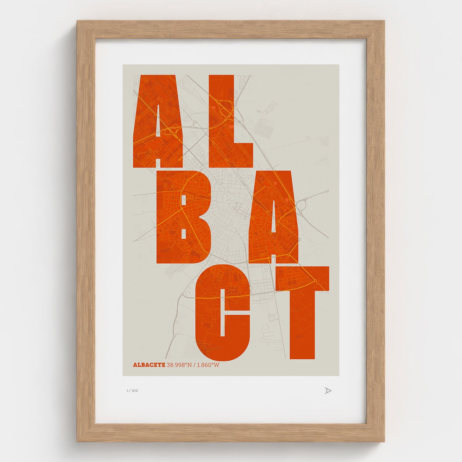 Lámina tipográfica de Albacete – diseño Revoltosa, marco de madera natural