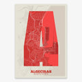 The map of Algeciras in Super Bold design, a typographic poster where the city map is overlaid with extra-thick lettering for a modern, high-impact look designed in red and an off-white background