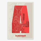 The map of Algeciras in Super Bold design, a typographic poster where the city map is overlaid with extra-thick lettering for a modern, high-impact look designed in red and an off-white background