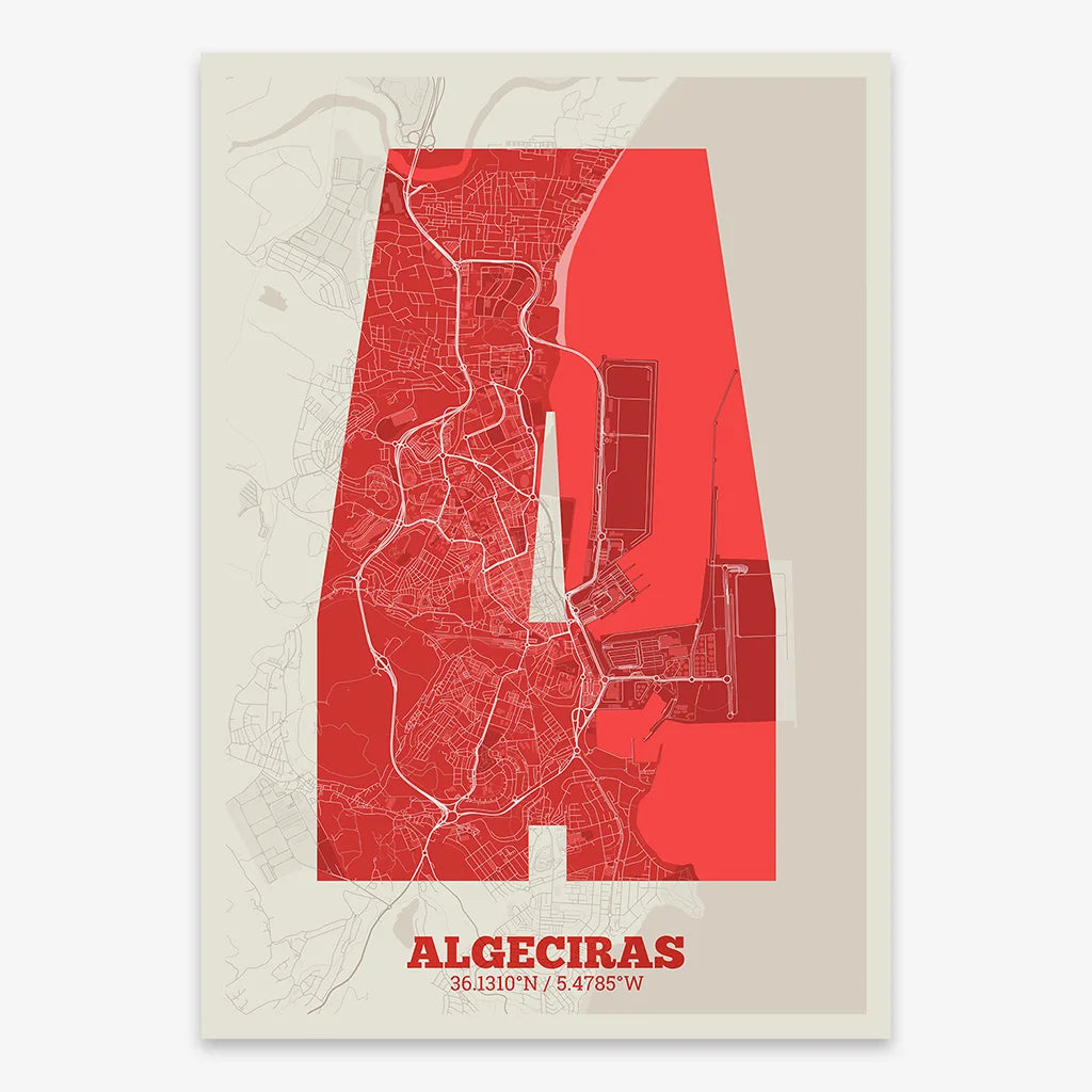 Decorative print of Algeciras composed with letters in a heavy geometric font printed on red and an off-white background