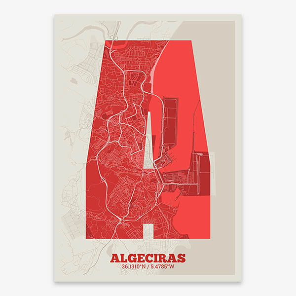 Decorative print of Algeciras composed with letters in a heavy geometric font printed on red and an off-white background
