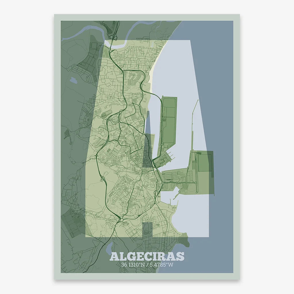 Decorative print of Algeciras composed with letters in a heavy geometric font printed on two green tones