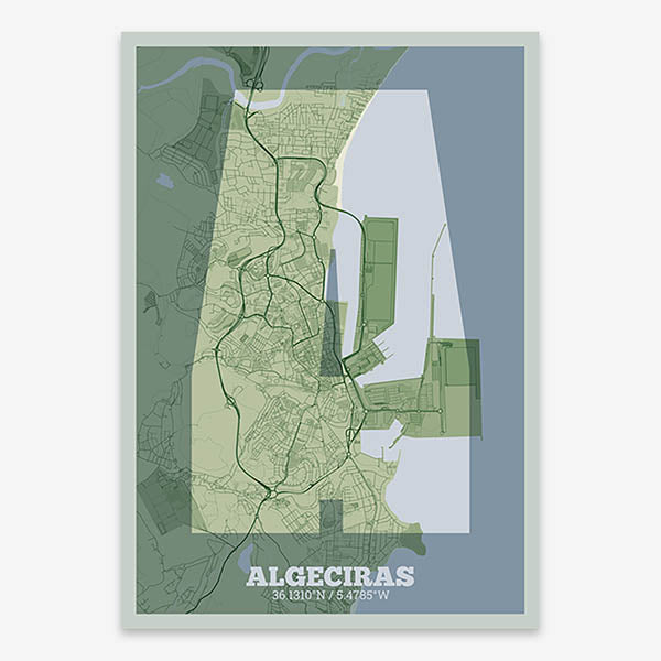Decorative print of Algeciras composed with letters in a heavy geometric font printed on two green tones
