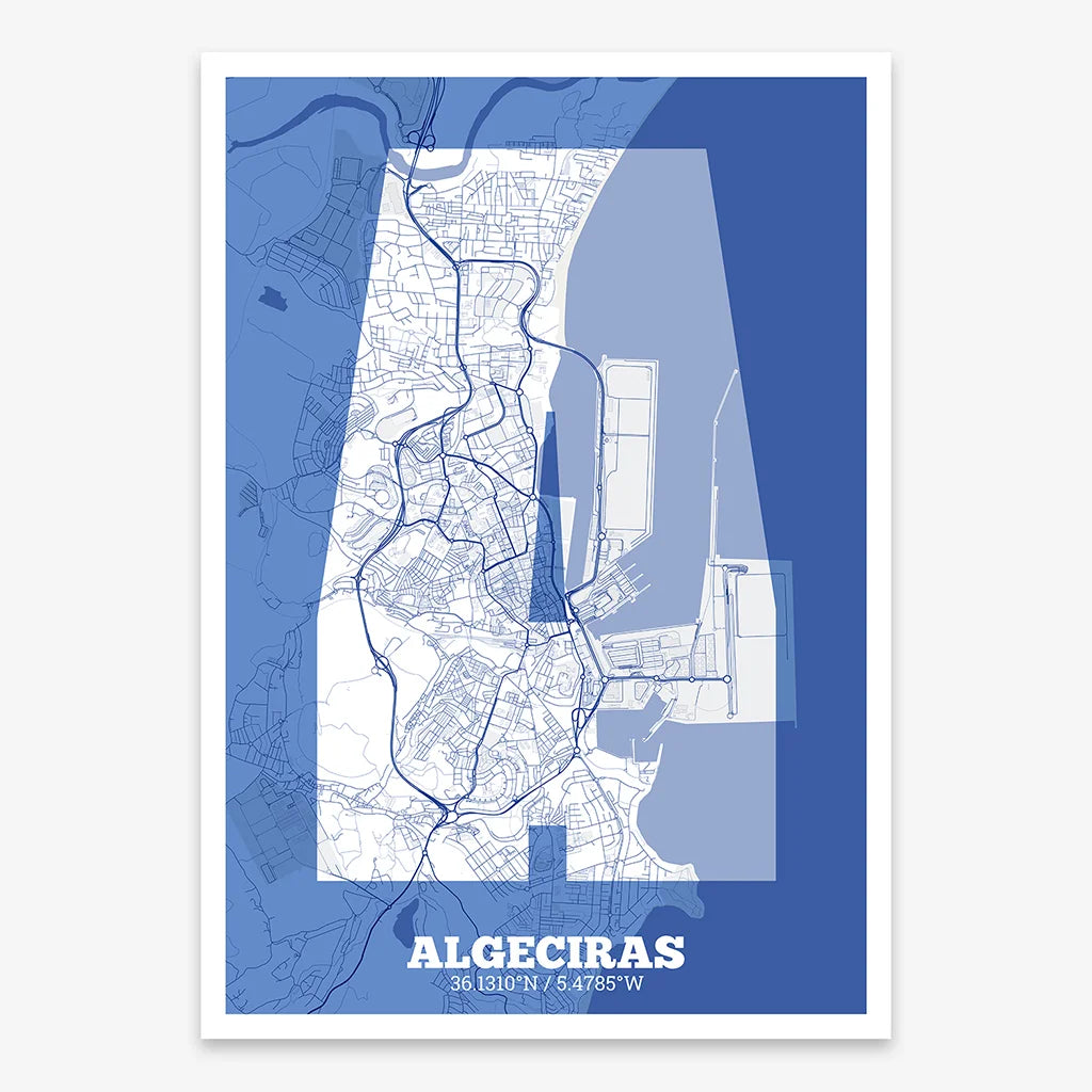 Decorative print of Algeciras composed with letters in a heavy geometric font printed on navy blue and white