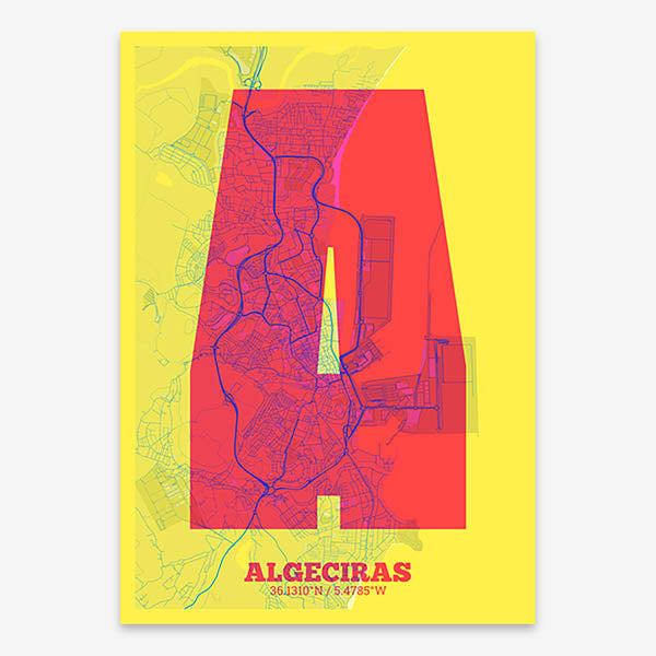 Decorative print of Algeciras composed with letters in a heavy geometric font printed on yellow and fuchsia