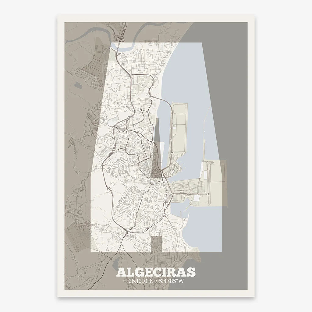 Decorative print of Algeciras composed with letters in a heavy geometric font printed on light brown and an off-white background