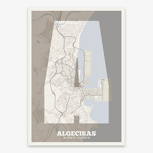 Decorative print of Algeciras composed with letters in a heavy geometric font printed on light brown and an off-white background