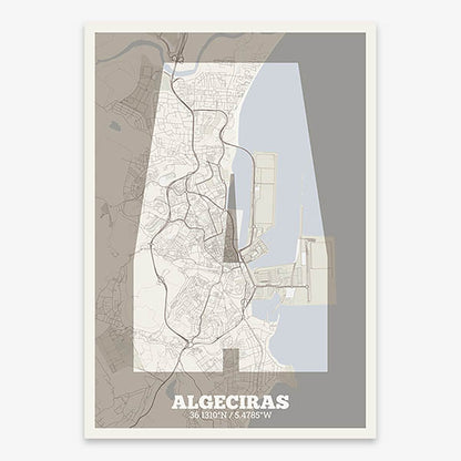 Decorative print of Algeciras composed with letters in a heavy geometric font printed on light brown and an off-white background