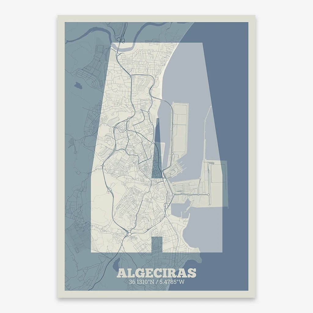 Decorative print of Algeciras composed with letters in a heavy geometric font printed on bluish gray and an off-white background