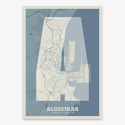 Decorative print of Algeciras composed with letters in a heavy geometric font printed on bluish gray and an off-white background