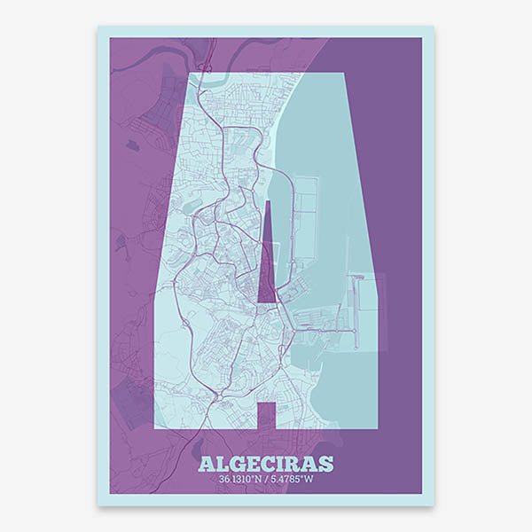 Decorative print of Algeciras composed with letters in a heavy geometric font printed on purple and light blue