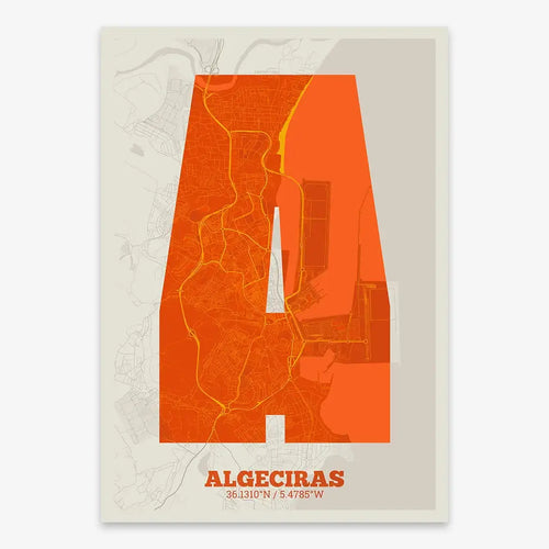 Mapa de Algeciras en diseño la Súper Bold, un póster tipográfico donde el mapa de la ciudad se fusiona con una tipografía extra gruesa para un impacto visual moderno diseñado en naranja y fondo blanco roto