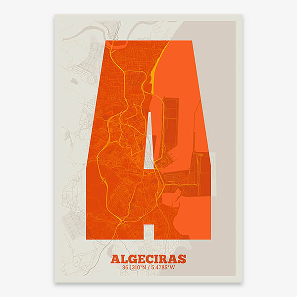 Decorative print of Algeciras composed with letters in a heavy geometric font printed on orange and an off-white background