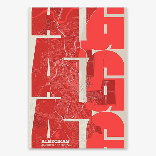 Mapa de Algeciras en mi diseño la Inseparable, una visión artística con una tipografía expresiva que muestra la abreviatura del nombre sobre el mapa detallado diseñado en rojo y fondo blanco roto