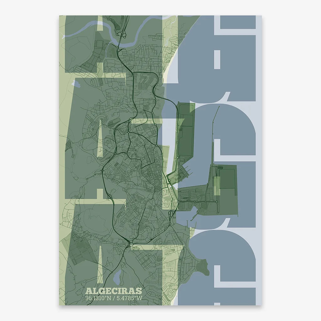 Poster of Algeciras composed with letters from its abbreviation or its airport IATA code printed on two green tones