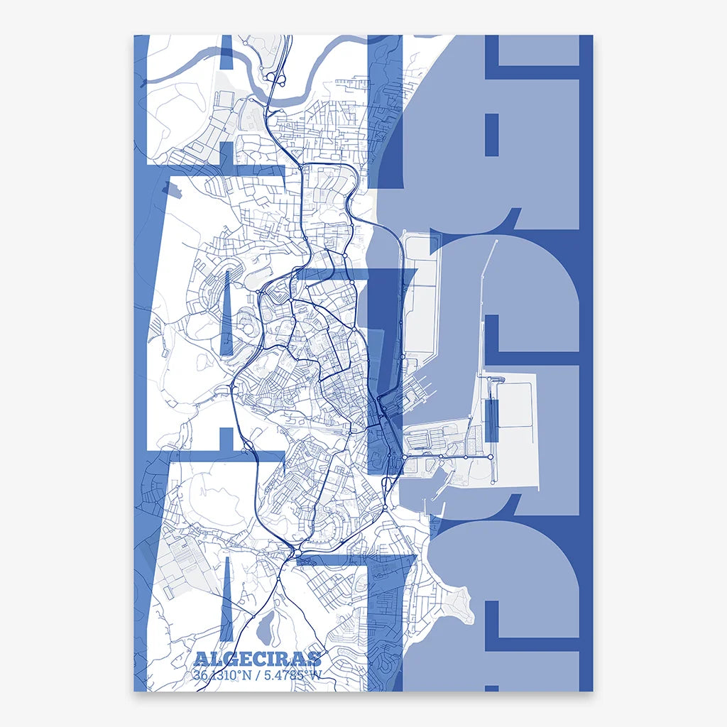 Poster of Algeciras composed with letters from its abbreviation or its airport IATA code printed on navy blue and white