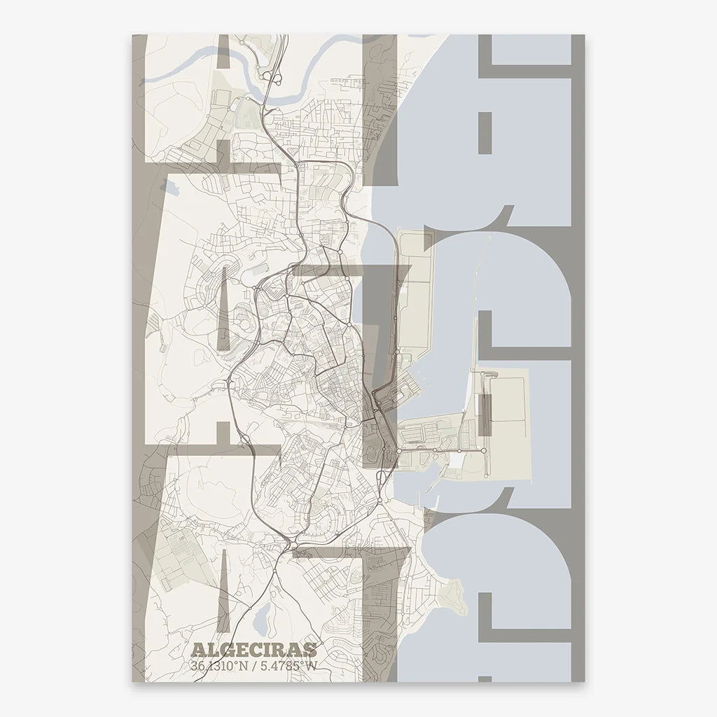 Poster of Algeciras composed with letters from its abbreviation or its airport IATA code printed on light brown and an off-white background