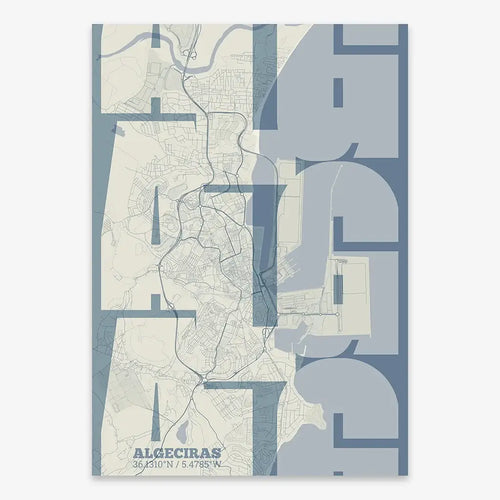 Mapa de Algeciras en mi diseño la Inseparable, una visión artística con una tipografía expresiva que muestra la abreviatura del nombre sobre el mapa detallado diseñado en gris azulado y fondo blanco roto