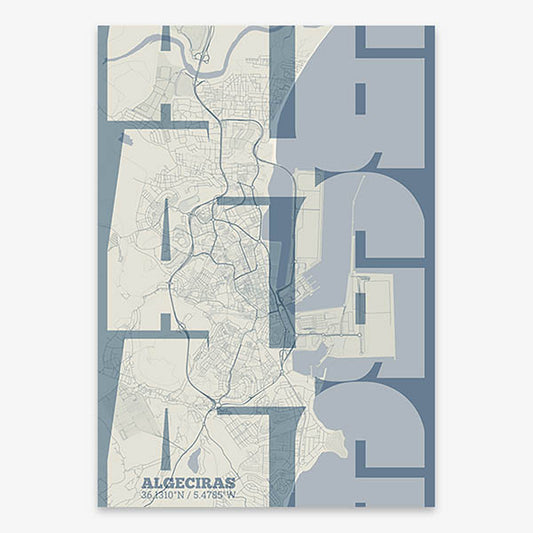 Poster of Algeciras composed with letters from its abbreviation or its airport IATA code printed on bluish gray and an off-white background