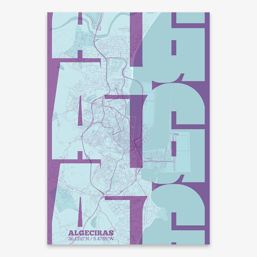 Poster of Algeciras composed with letters from its abbreviation or its airport IATA code printed on purple and light blue
