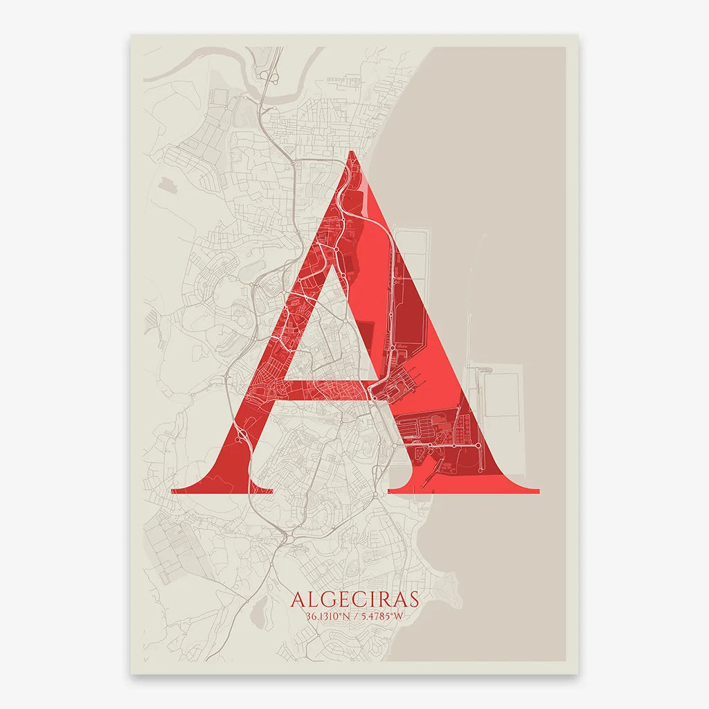 Decorative map of Algeciras composed with letters in serif font printed on red and an off-white background