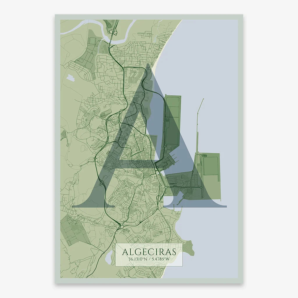 Decorative map of Algeciras composed with letters in serif font printed on two green tones