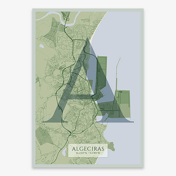 Decorative map of Algeciras composed with letters in serif font printed on two green tones