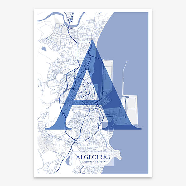 Decorative map of Algeciras composed with letters in serif font printed on navy blue and white