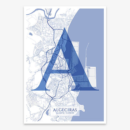 Decorative map of Algeciras composed with letters in serif font printed on navy blue and white