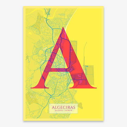Decorative map of Algeciras composed with letters in serif font printed on yellow and fuchsia