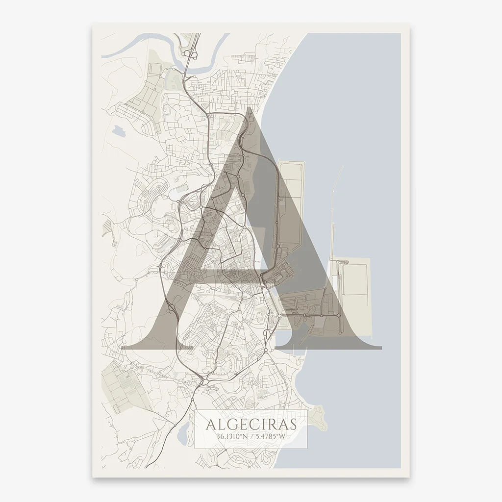 Decorative map of Algeciras composed with letters in serif font printed on light brown and an off-white background