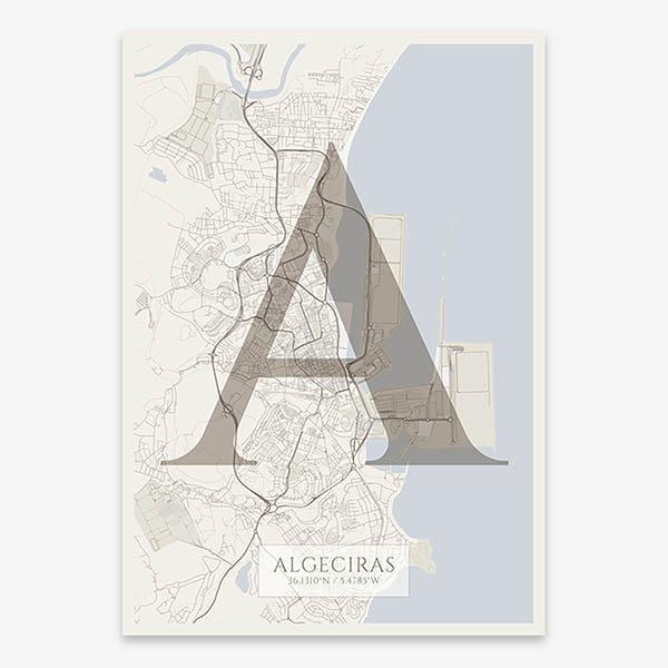 Decorative map of Algeciras composed with letters in serif font printed on light brown and an off-white background