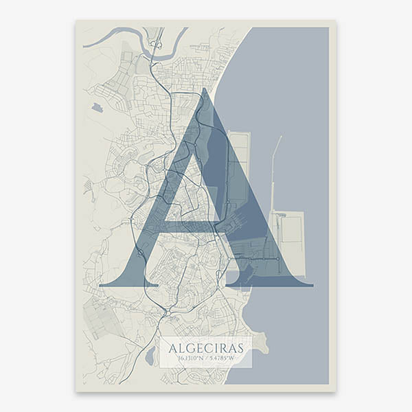 Decorative map of Algeciras composed with letters in serif font printed on bluish gray and an off-white background