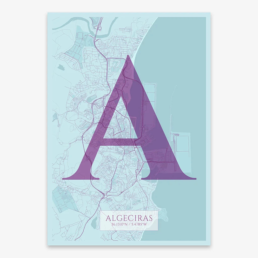 Decorative map of Algeciras composed with letters in serif font printed on purple and light blue