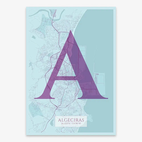 Mapa de Algeciras en el diseño la Clásica, inspirado en la tipografía cincelada con una fuente elegante que crea un bonito contraste visual diseñado en púrpura y azul claro