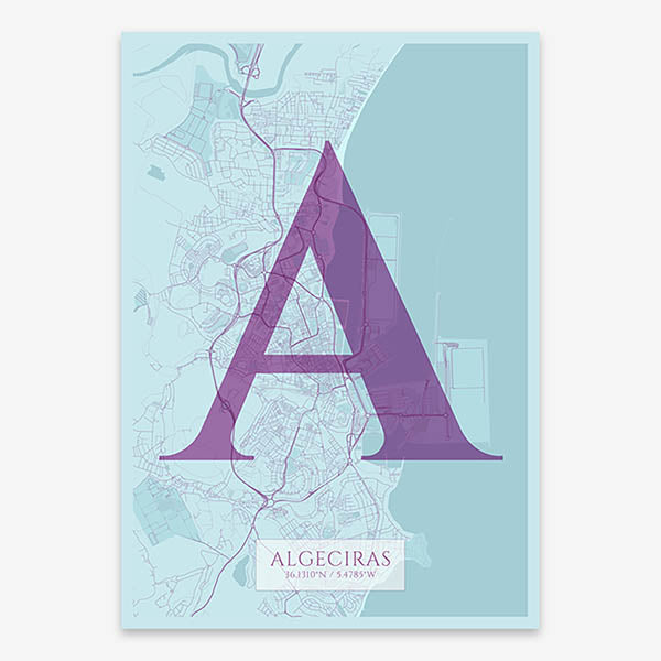 Decorative map of Algeciras composed with letters in serif font printed on purple and light blue