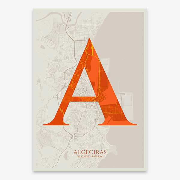 Decorative map of Algeciras composed with letters in serif font printed on orange and an off-white background