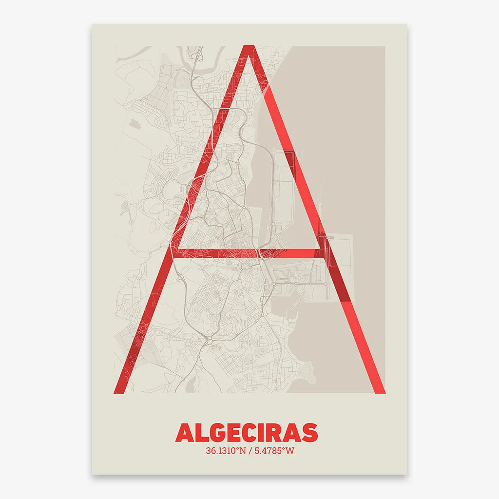 Poster of Algeciras composed with letters in extra light font printed on red and an off-white background