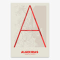 Poster of Algeciras composed with letters in extra light font printed on red and an off-white background
